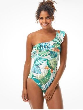 Vince Camuto One-Shoulder Tropical Leaf Ruffle Swimsuit - Green/White/Teal